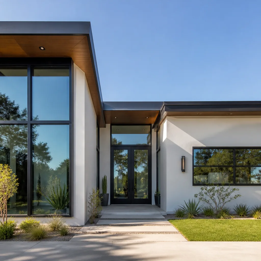 Modern home exterior featuring elegant black-framed glass windows and entry doors.