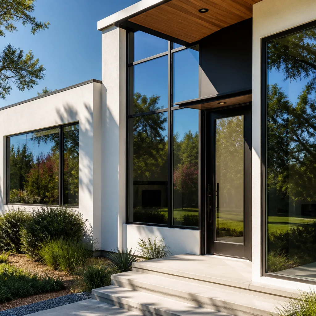 Modern glass front door installation on a contemporary luxury home