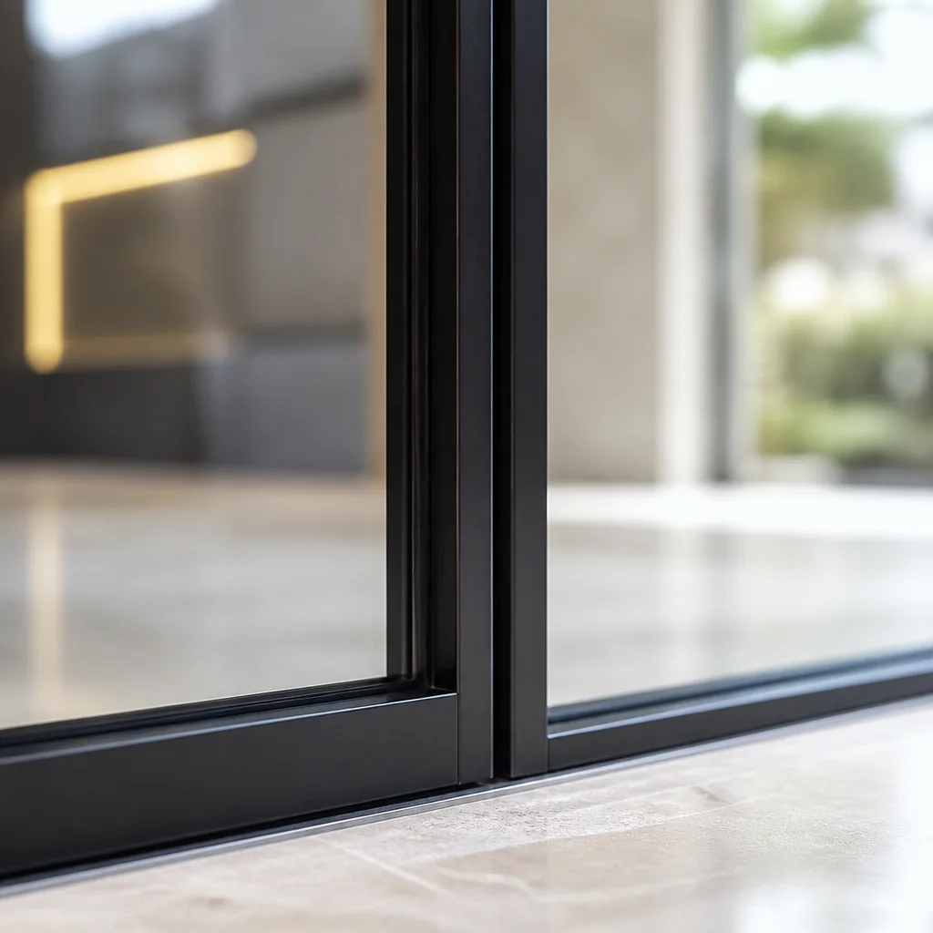 Close-up of modern black sliding door frame on stone flooring