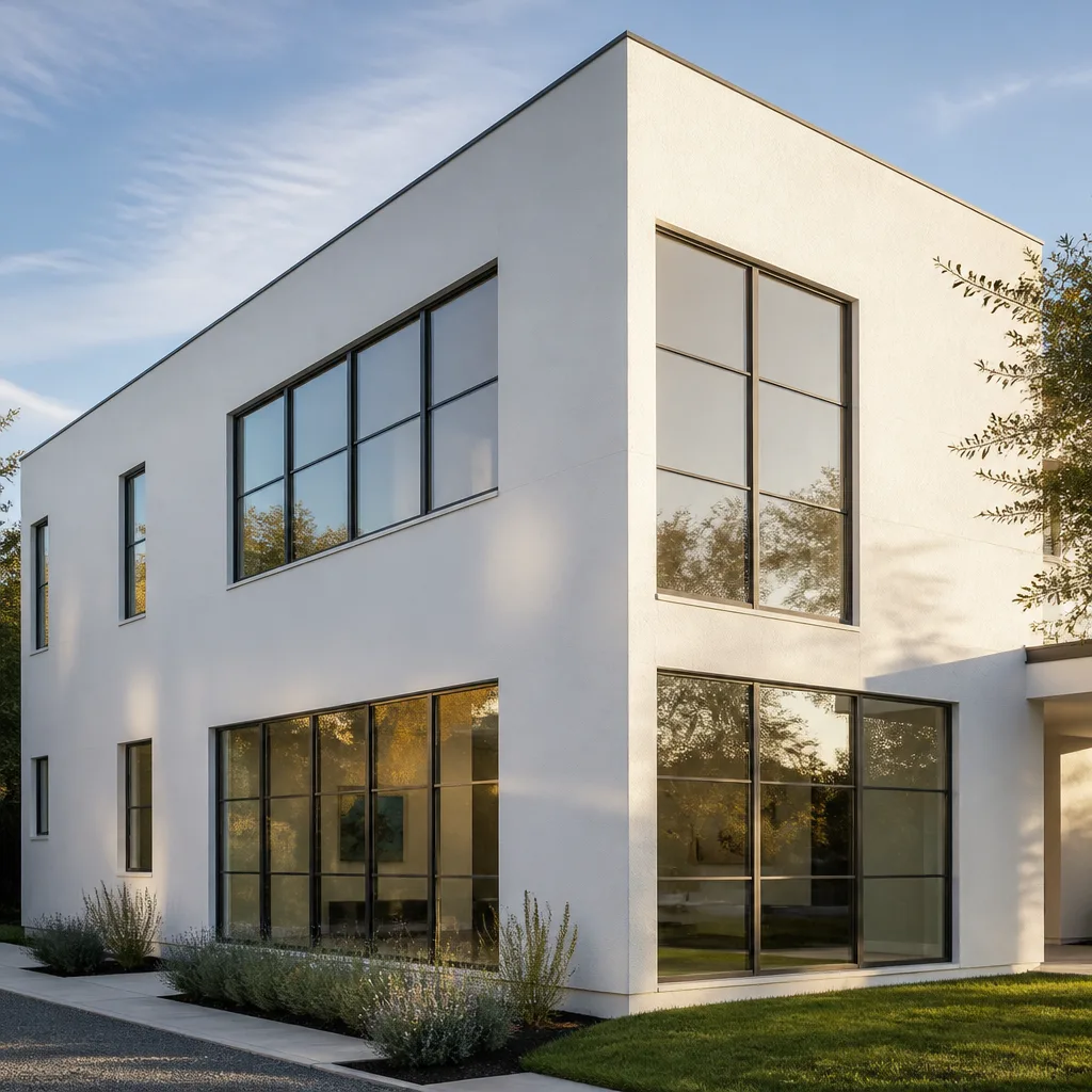 Modern home featuring professional window and door installation with black frames.