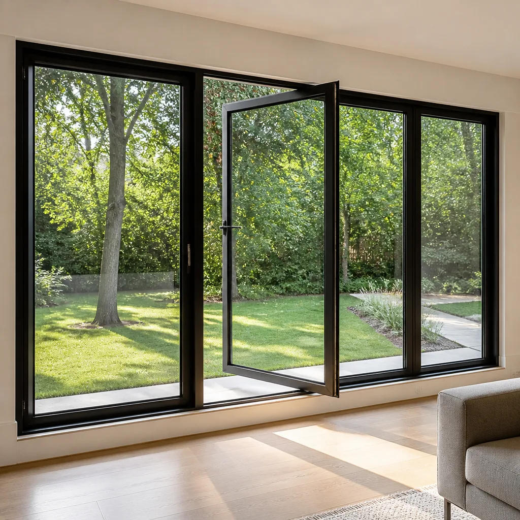 Modern black-framed French doors opening onto a sunny backyard garden