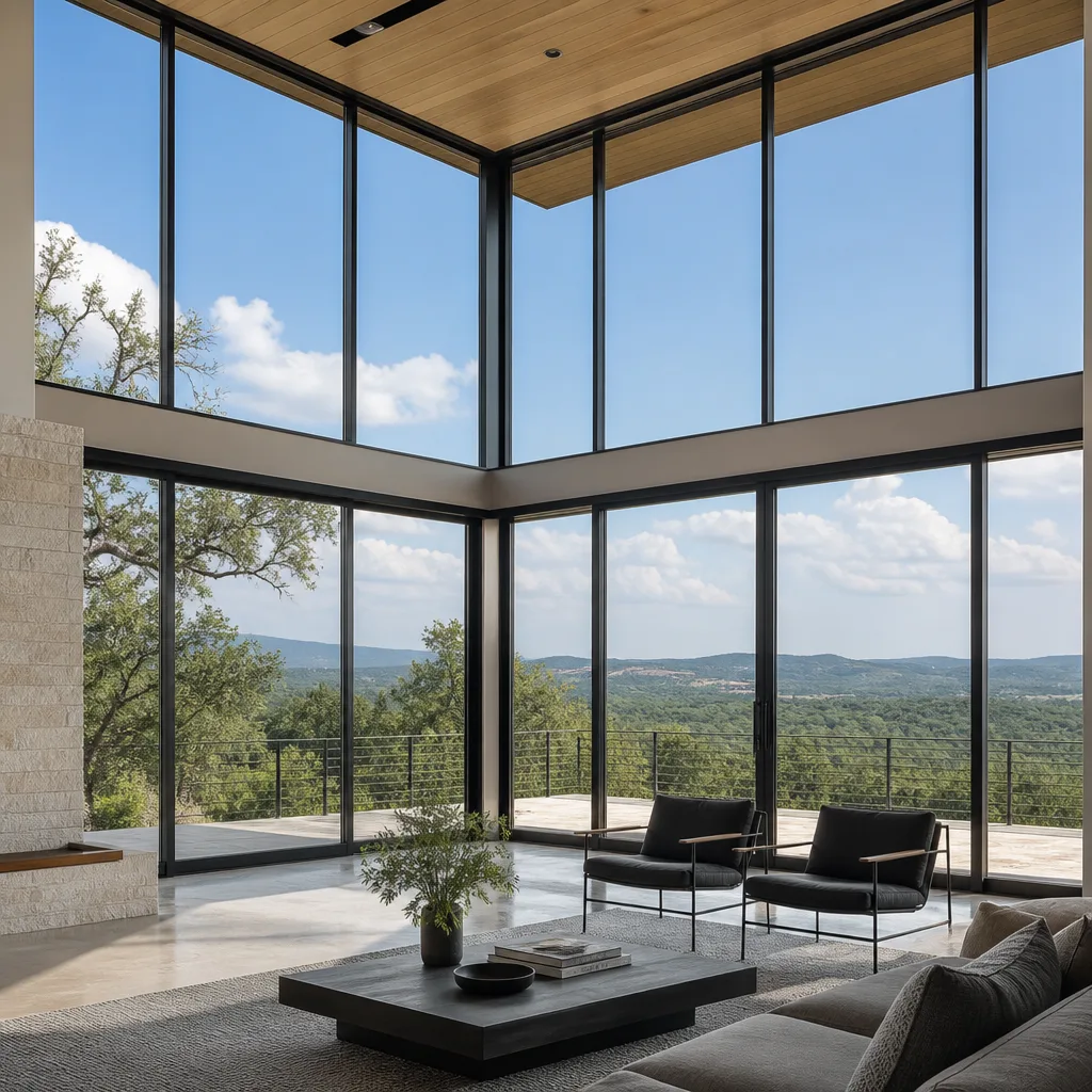 Modern floor-to-ceiling window and sliding door installation in luxury living room