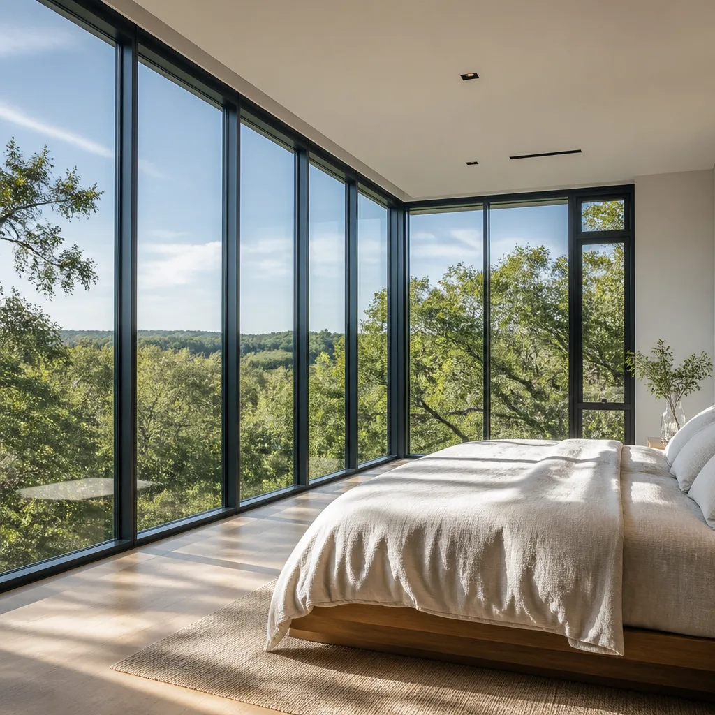 Modern floor-to-ceiling glass wall installation in a minimalist bedroom