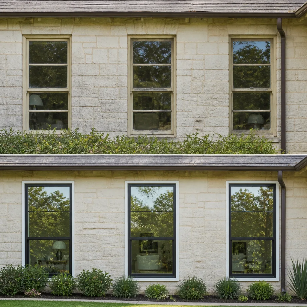 Comparison of old and new window replacement project on stone house