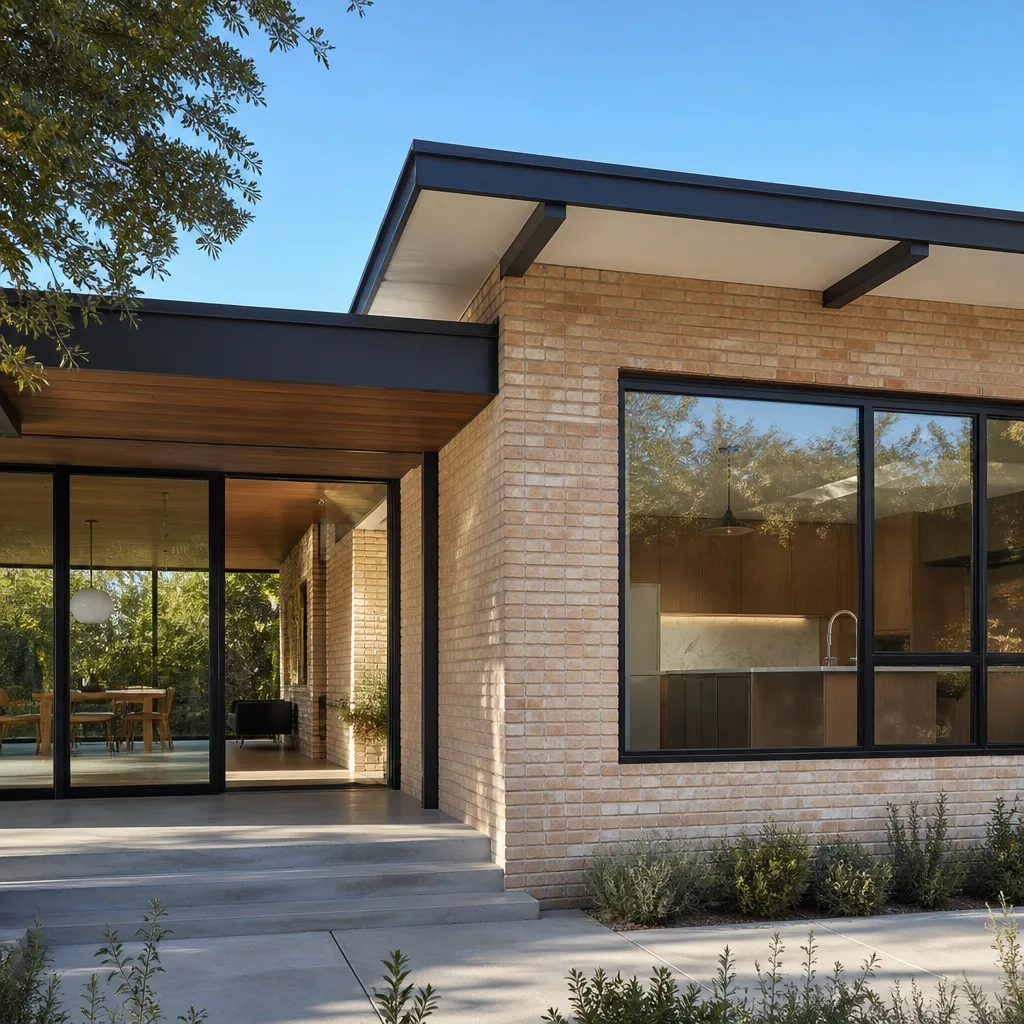 Modern home with sleek black-framed sliding glass doors and large windows